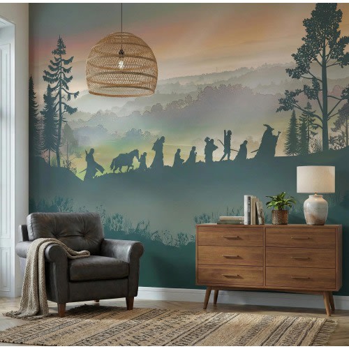 Fellowship Wall Mural, Walking Silhouette Self-adhesive Decal, Fantasy Mountain Wallpaper, Tapestry, Backdrop, Nursery Decor in 3 Palettes