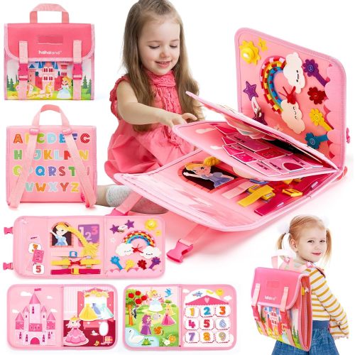 Montessori Toys for Ages 2-4, Busy Board 1-4 Year Old Girl Birthday Gift 17 in 1 Preschool Learning Activities with 12 Life Skill, Number,Shape,Dressup,Animal,Figures,Baby Girl Gifts