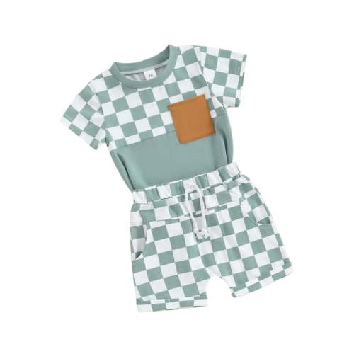 Taoocy Toddler Baby Boy Summer Outfit Plaid Stripe Short Sleeve T Shirt Tops and Shorts Infant Boy Clothes
