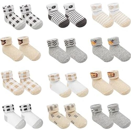 Baby Socks w/Grippers 0-6 & 6-12 Months | Safe Walking Non-Slip Sole | Stay-In-Place Ribbed Cuffs Unisex | 12Pairs (US, Age, 0 Months, 6 Months, Brown)