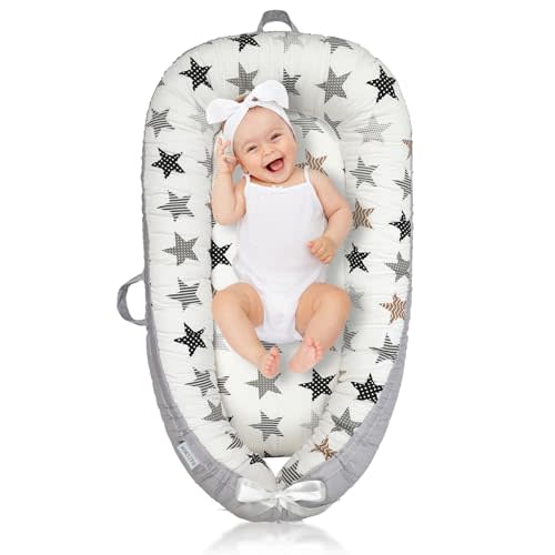 JOCUTE Baby Lounger for Newborn Cover - Newborn Lounger for 0-12 Months, Breathable & Portable Infant Lounger - Adjustable Cotton Soft Baby Floor Seat for Travel, Newborn Essentials- Star
