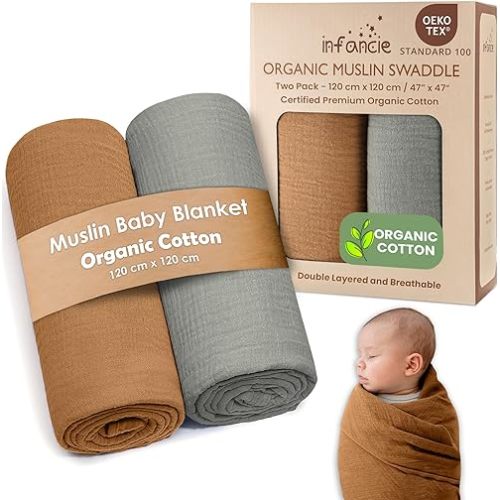 Organic Cotton Muslin Baby Blanket - 47x47 Inch Breathable Swaddle, Hypoallergenic Double-Layer, Versatile Use (Gold/Sage, 47x47 Inch)