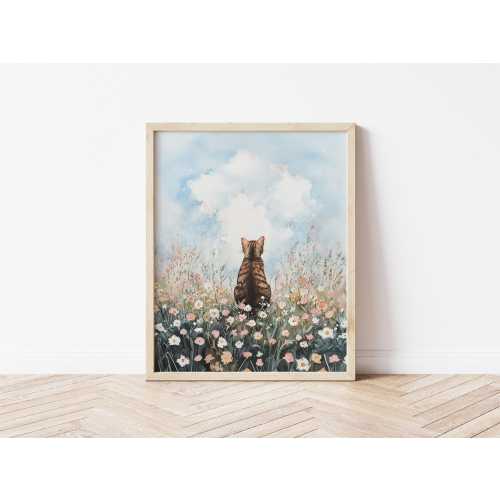 Watercolor American Shorthair Cat in Flower Field Wall Art Brown Tabby Cat Wildflower Art Floral Cat Lover Wall Art Whimsical Cat Art
