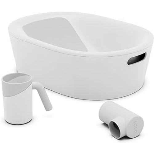 Lalo Bathtime Starter Kit - Modern Baby Bathtub, Rinse Cup & Spout Cover Bundle, Safe & Clean Design for Newborns, Minimalist Design, Easy to Clean, 25.3 x 18 x 7.7 in, 10 lb - Coconut