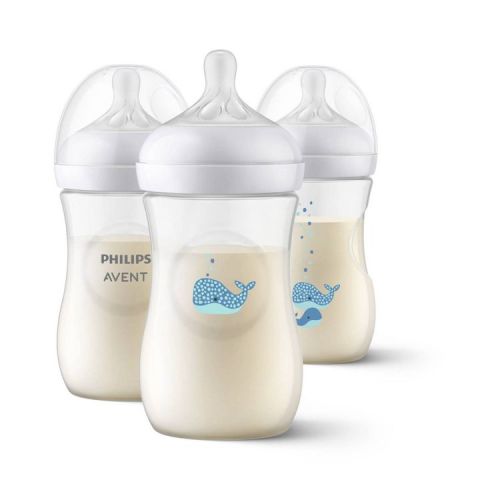 Philips Avent Natural Baby Bottles with Response Nipples - Whales - 9oz/3pk: BPA-Free, Silicone Nipple