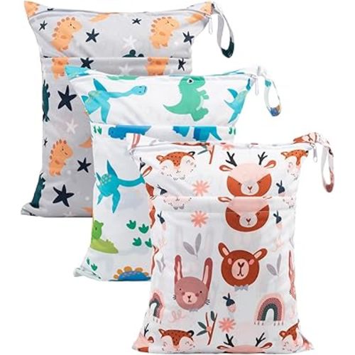 Babygoal Wet Dry Bags Diaper Bag, Washable Travel Organizer Bags, Beach, Pool, Gym Large Wet Bag for Swimsuits & Wet Dry Clothes with Two Zippered Pockets 3 Pack,3LN23-CA