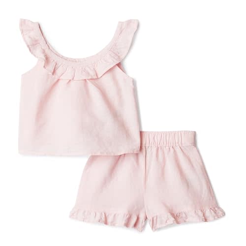 Amazon Essentials x Sofia Grainge Toddlers and Baby Girls' Cotton Linen Sleeveless Top & Shorts Set with Ruffles