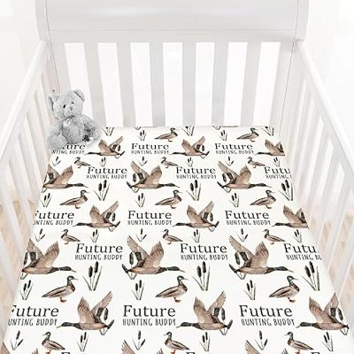 HawSkgFub Future Duck Hunting Buddy Fitted Standard Crib Sheet for Baby Boy, Mallard Duck Hunter Wild Animal Lake Toddler Mattress Cover, Soft Stretchy Nursery Bed Sheets Decor Kids Gift 52" x 28"