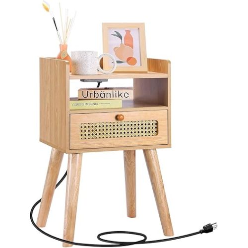 Urban Deco Rattan Night Stand with Charge Station Wooden Bedside Table End Table for Living Room and Bedroom, 1 Pack