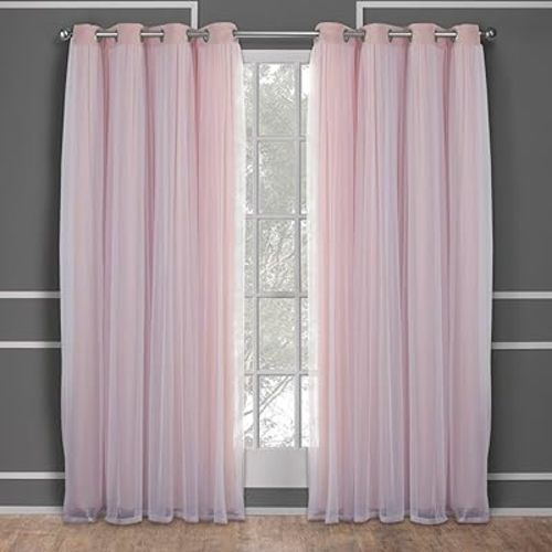 TOWN & COUNTRY LUXE Talia Double Layer Indoor Curtains, Sheer and Room Darkening Blackout, Grommet Top, Energy Efficient, 2-Pack Set, 52"x120", Rose Blush