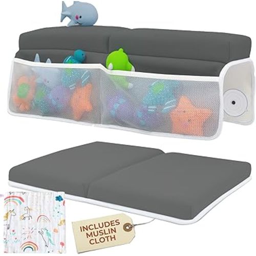 Comfortable Baby Bath Kneeler and Elbow Rest Pad Set with Unicorn Burp Cloth- Thick, Non-Slip, Memory Foam Kneeling Pad for Bathing Baby with Toy Storage Pockets - Easy Clean and Durable - Dark Grey