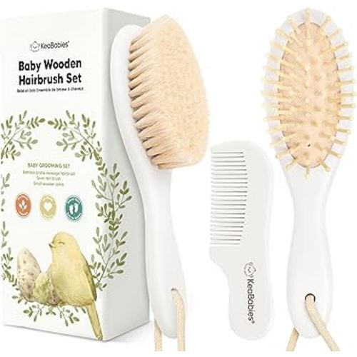 Baby Hair Brush and Comb Set for Newborn - Wooden Baby Hair Brush Set with Soft Goat Bristle, Baby Brush Set for Newborns, Baby Brush and Comb Set Girl, Boy, Toddler Cradle Cap Brush (Oval, Vanilla)