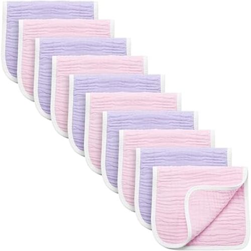 Synrroe Burp Cloths Large, Muslin Burp Cloths for Baby Girls, Pack of 10 Extra Absorbent and Soft Muslin Bibs, 6 Layers 20 by 10 Inches 100% Cotton (Pink-Purple 10 Pack)