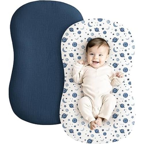 Konssy Muslin Baby Lounger Cover 2 Pack, 100% Cotton Newborn Lounger Cover, Soft and Breathable Lounger Cover for Boys Girls, Covers Only (Planet,Navy)