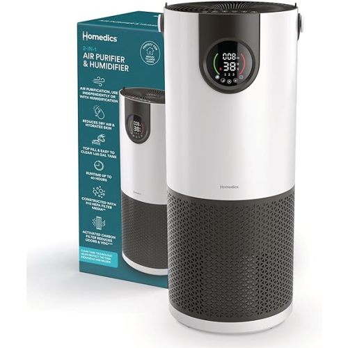 Homedics 2-in-1 Cool Mist Humidifier & Air Purifier – Humidifies & Purifies Air, Digital Air Quality Sensor, Auto Mode, Stylish Tower Design, Ideal for Medium-Large Rooms