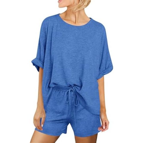 Tankaneo Womens 2 Piece Lounge Sets Oversized Short Sleeve T-shirts Drawstring Shorts Pajamas Summer Outfits