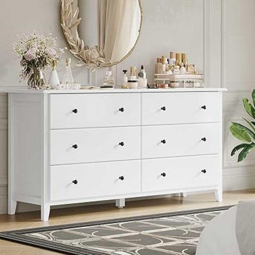 Hasuit White Dresser for Bedroom, 55.3'' Long Dressers Chest of Drawers, Large Capacity 6 Drawer Double Dresser, Solid Wood Storage Cabinet Dressers for Bedroom Living Room, Hallway