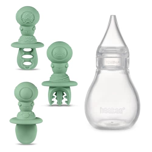 Haakaa Silicone Baby Nasal Aspirator&Astronaut Beginner Silicone Cutlery Set-Nose Bulb Syringe | Easy-Squeezy Baby Nose Cleaner-Toddler Spoons Self Feeding 6+Months, Baby Led Weaning Supplies