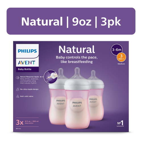 Avent 3-Pack Ergonomic Natural Wide-Neck Bottles (9 oz.) - Anti-Colic, Easy Latch, Pink
