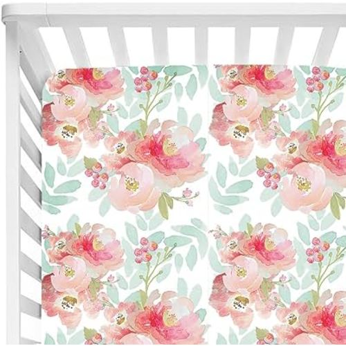 Baby Floral Fitted Crib Sheet for Boy and Girl Toddler Bed Mattresses fits Standard Crib Mattress 28x52 (Pink Mint Floral)