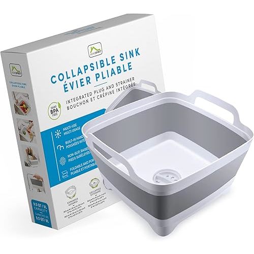 Home Spirit Collapsible Sink, Portable Dish Pan, Wash Basin Tub for Dish, Fruits, Vegetables, Textiles, Cloths, Beverages, Integrated Handle, Plug and Strainer, 9L Capacity
