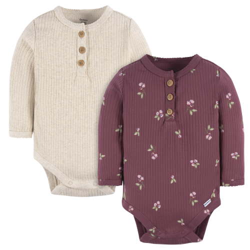Gerber Baby Neutral Long Sleeve Bodysuits, 2-Pack, Sizes Newborn - 12 Months