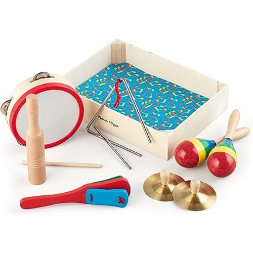 Melissa & Doug Band-in-a-Box Clap! Clang! Tap! - 10-Piece Musical Instrument Set - Kids Musical Instruments, Wooden Percussion Instruments For Toddlers And Kids Ages 3+ - English Only