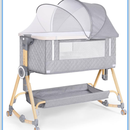 Baby Bassinet 5 in 1,Baby Bedside Bassinet with Diaper Table, Mosquito Net, Mattress, Storage Layer, Can Be Stored in One Button Travel Crib (Gray)