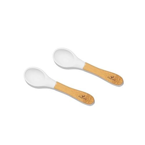 Avanchy Baby Spoons Bamboo and Silicone Set, Self Feeding Food Utensils, 4 Months Baby Led Weaning, 2 Pack White