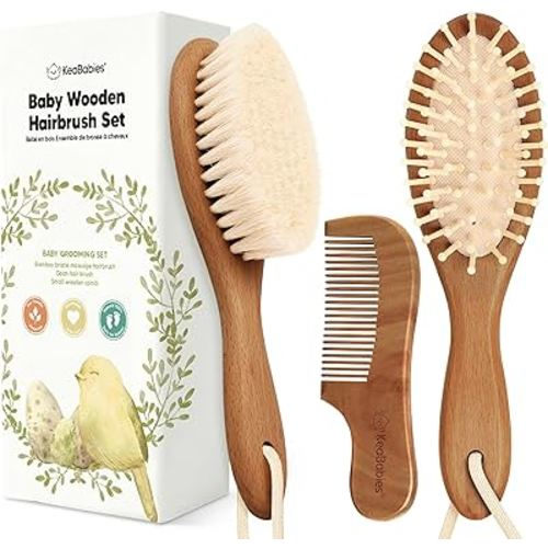 Baby Hair Brush and Comb Set for Newborn - Wooden Baby Hair Brush Set with Soft Goat Bristle, Baby Brush Set for Newborns,Baby Brush and Comb Set Girl, Boy,Toddler Cradle Cap Brush (Oval, Dark Walnut)