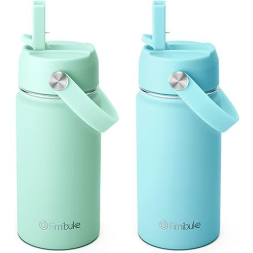 Fimibuke Kids Insulated Water Bottle, 14oz BPA FREE Double Wall Vacuum Tumbler 18/8 Stainless Steel Leak Proof Kids Cups with Straw Metal Water Bottle for School Boys Girls (2 Pack, Underwater World)