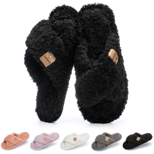 Fuzzy Open Toe Slippers for Women Indoor and Outdoor with Memory Foam Cozy Cross Band Women's Slipper Cute Soft House Shoes Slip On Gifts for Womens Mom Her Ladies Bridesmaid