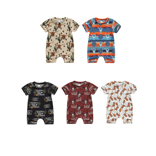 Baby Girl Boy Western Jumpsuit Newborn Short Sleeve Cow Print Romper One Piece Bodysuit Shorts Summer Clothes