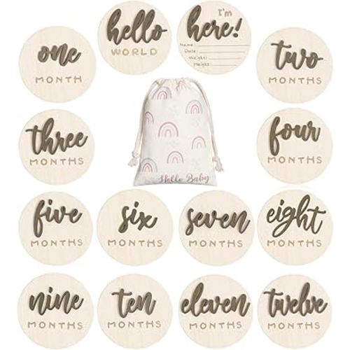 3D Baby Monthly Milestone Card Signs Baby Announcement Sign 7 Pack Double Sided Hello World Newborn Signs Wooden Circles Discs for Welcome Newborn Shower Boy Girl Photo Props(Brown)