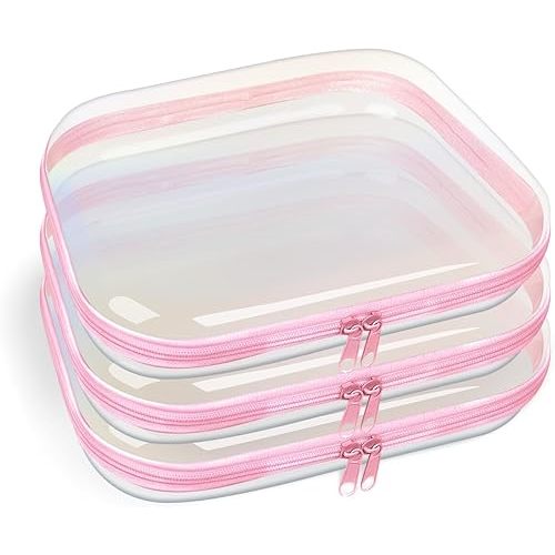 Clear Hard Shell Zipper Case,3PCS Transparent Clear Laser Zipper Pouches,Hard Side Plastic Case Set,Portable Travel Storage Organizer Bins