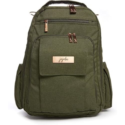JuJuBe Diaper Bag, Travel Backpack with Portable Changing Pad, Stroller Hooks & Pockets for Baby Bottles, Diapers, Pacifier, Wipes, Snacks, & Daily Essentials, Mommy Carrier, Be Right Back - Olive