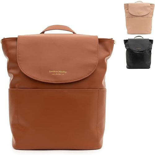 BirdRock Baby Seaside Diaper Bag Backpack - Stylish Vegan Leather, Large Capacity Travel Diaper Bag for Women (Classic Brown)