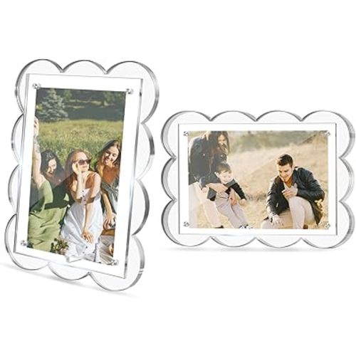 2 Pack 4x6 Acrylic Frame, Clear Magnetic Picture Frames, Scalloped Lucite Plexiglas Floating Photo Frame for Tabletop Vertical and Horizontal Display