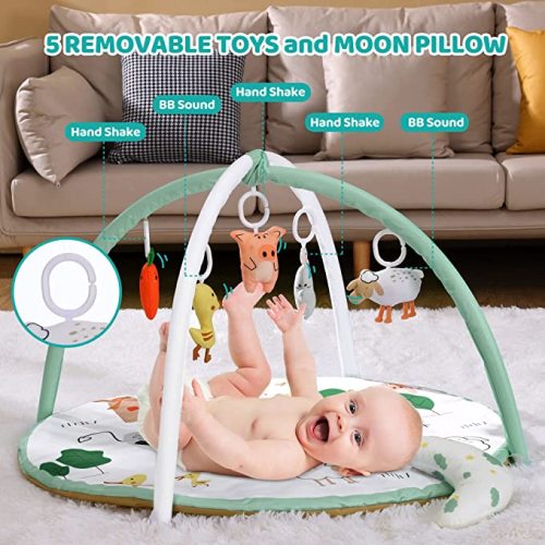 Baby Play Gym Mat, Tummy Time Activity Mat with 5 Detachable Toys and Pillow for Newborn Stage-Based Sensory and Motor Skill Development, Infant Play Mat for Babies to Toddlers - Farm Animals