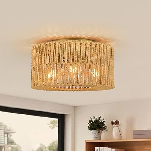Boho Light Fixtures Ceiling Mount,3-Light Rattan Ceiling Light, Flush Mount Cailing Lighting, Woven Chandelier for Farmhouse Living Bedroom Kitchen Nursery