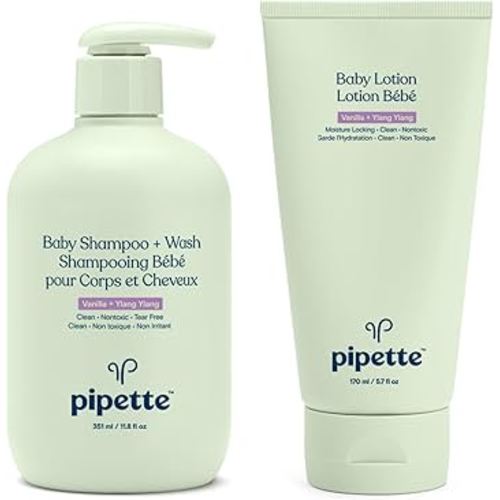 Pipette Vanilla + Ylang Ylang Baby Shampoo + Wash and Baby Lotion Duo, Clean, Tear-Free Bath Time, Sulfate-Free, Paraben-Free, Silicone-Free, Sensitive Skin, Hypoallergenic, Non-Toxic
