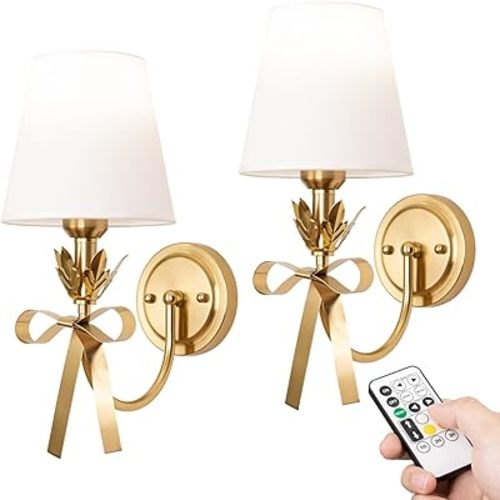 Adust Battery Operated Wall Sconce Set of Two, Antique Brass Bow Wall Sconces Remote Control Dimmable Rechargeable LED Light Bulb, 3 Color Temps LED for Bedroom Living Room Decor