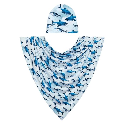 Posh Peanut Baby Swaddle Blanket & Beanie - Matching Newborn Swaddle Set, Doubles As Receiving Blanket or Nursing Cover (Sharks)