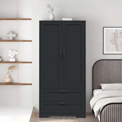 Armoire Wardrobe Closet with 2 Drawers, Modern Wooden Bedroom Armoire with Doors, Clothing Storage Cabinet with Hanging Rod,for bedroom