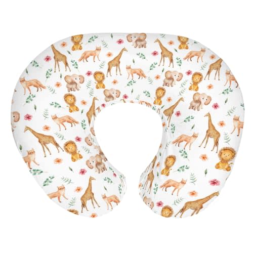 Watercolor Safari Animals Baby Nursing Pillow Covers for Boy Girl Lion Giraffe Elephant Floral Leaves Nursery Pillowcase for Breastfeeding Pillows African Jungle Soft Stretchy Slipcover for Infant