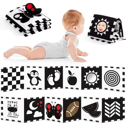 High Contrast Baby Book and Sensory Toy Set for 0-12 Months – Soft Crinkle Pages, Tummy Time Development, and Safe Mirror for Visual Stimulation – Ideal Newborn Gift for Boys and Girls