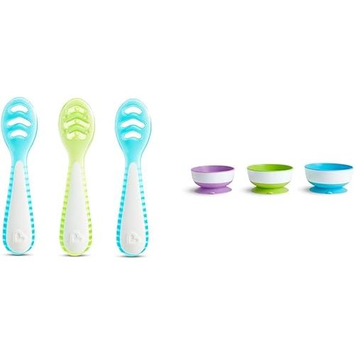 Munchkin® Gentle Dip™ Multistage First Spoon Set for Baby Led Weaning, Self Feeding, Solids & Purees, 3 Pack, Blue/Green & Stay Put™ Suction Bowls for Babies and Toddlers, 3 Pack, Blue/Green/Purple