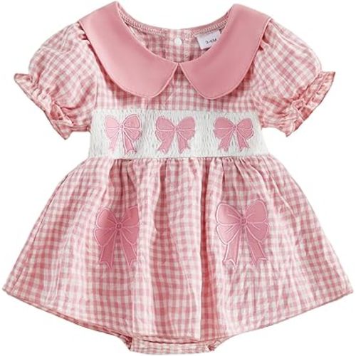 Sasaerucure Summer Baby Girl Clothes Plaid Peter Pan Collared Short Sleeve Romper Dress Bow Embroidery Bodysuit Tops
