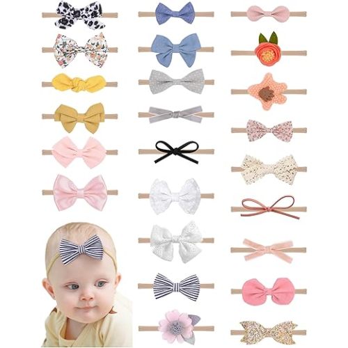 doboi 24pcs Baby Girls Flower and Hair Bows Headbands Soft Nylon Hairbands Elastic Hair Accessories for Newborns Infants Toddlers and Kids