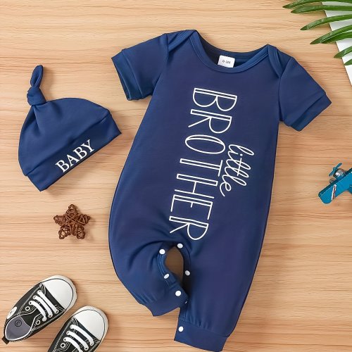 2pcs Baby Boy Letter Little Brother Fashion Print Take Shoulder Short Sleeve Jumpsuit + Hat Summer Suit, for Outdoor